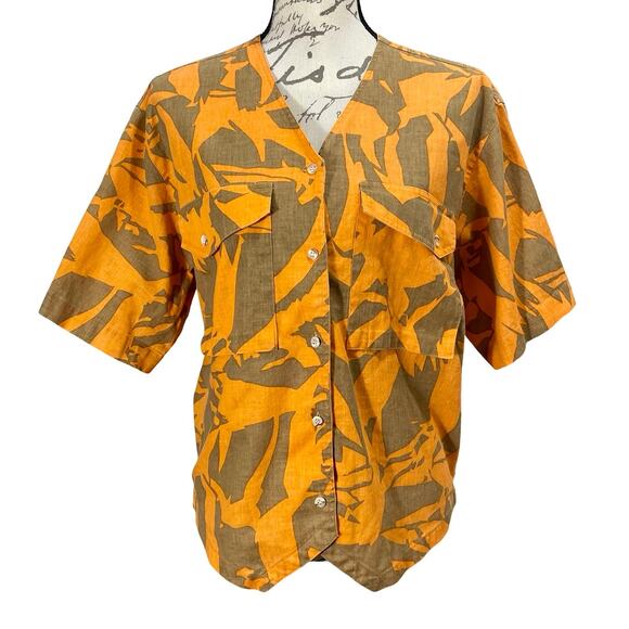 Vintage 90s TOTOnKO Orange Brown Cotton Linen Button-Up Boxy Top Campy Boho - Picture 6 of 9